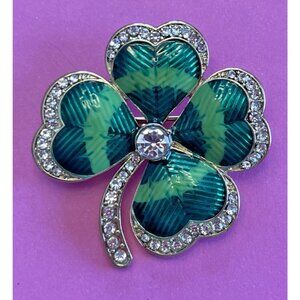 Anne Klein Signed Shamrock Pin Brooch Silver Rhinestone